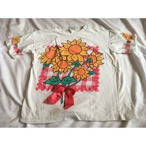 Vintage Royal Deb Girls White Sunflower Bouquet Graphic Tee Shirt 14 90s Bow